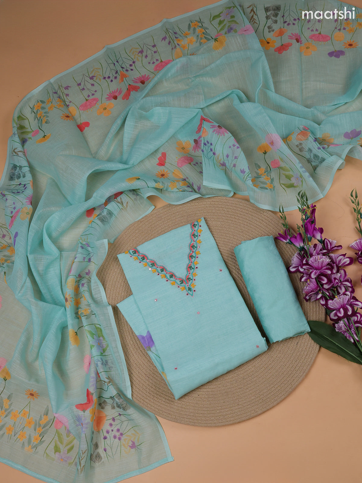 Teal Blue Linen Cotton Dress Material With Floral Prints & Embroidery Work Neck Pattern and Bottom & Dupatta