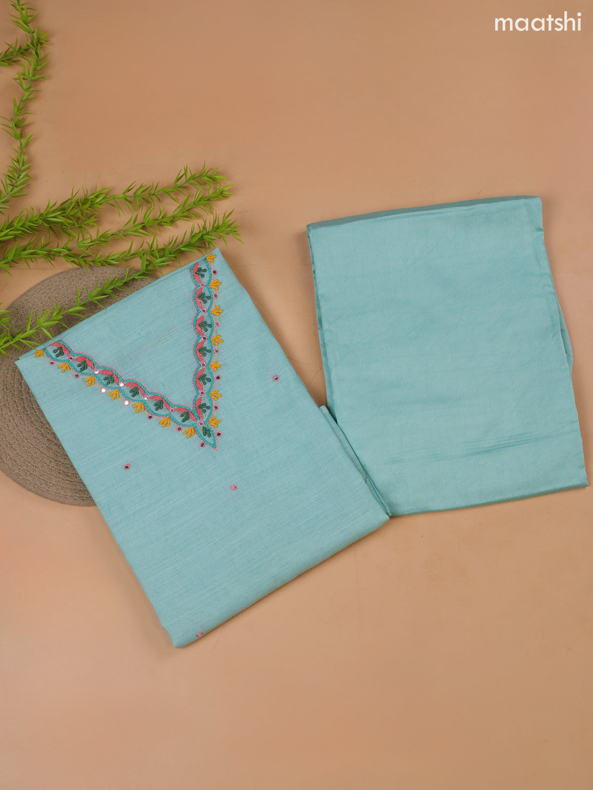 Teal Blue Linen Cotton Dress Material With Floral Prints & Embroidery Work Neck Pattern and Bottom & Dupatta