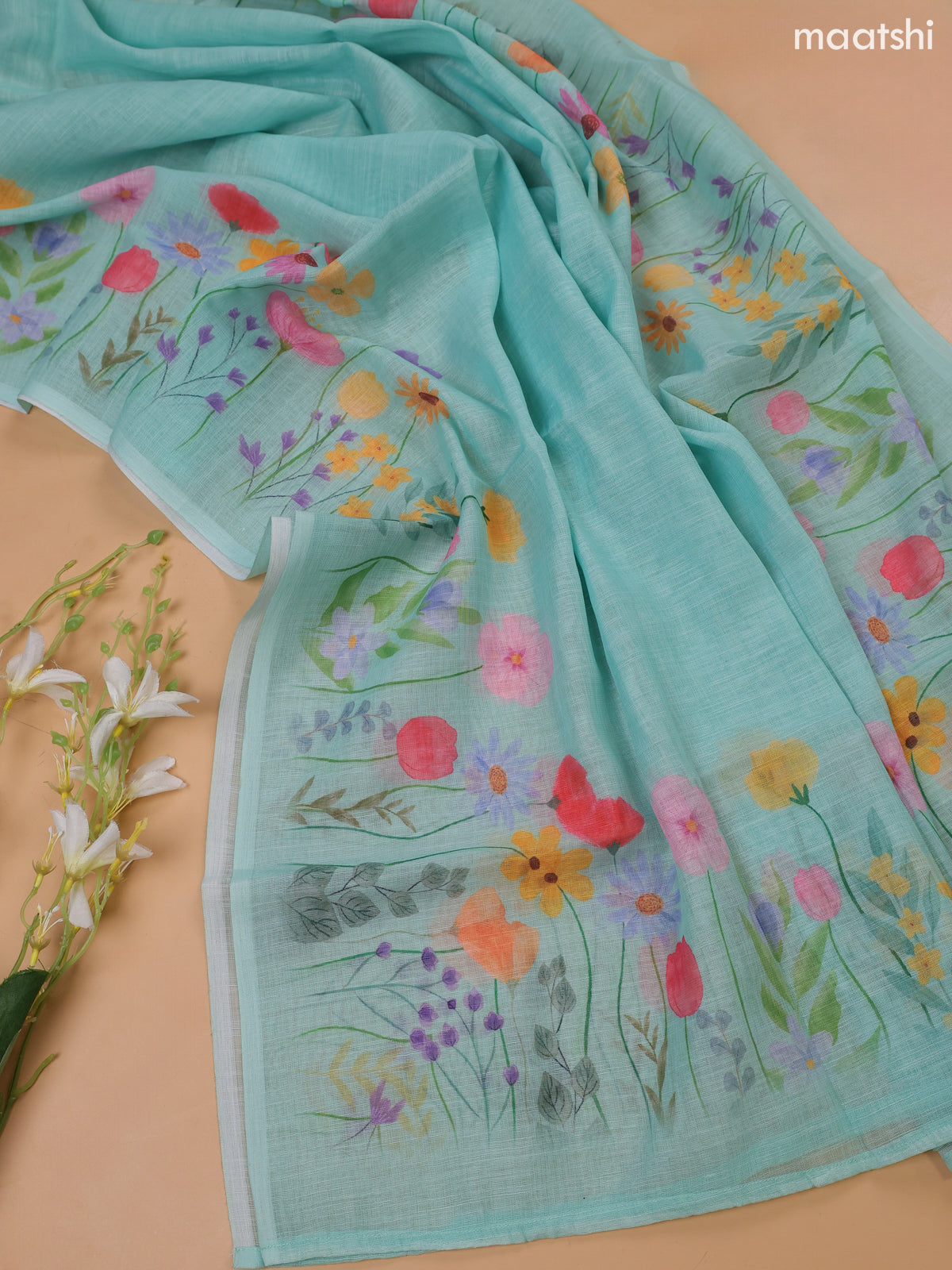 Teal Blue Linen Cotton Dress Material With Floral Prints & Embroidery Work Neck Pattern and Bottom & Dupatta