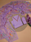 Lavender Linen Cotton Dress Material With Floral Prints & Embroidery Work Neck Pattern and Bottom & Dupatta