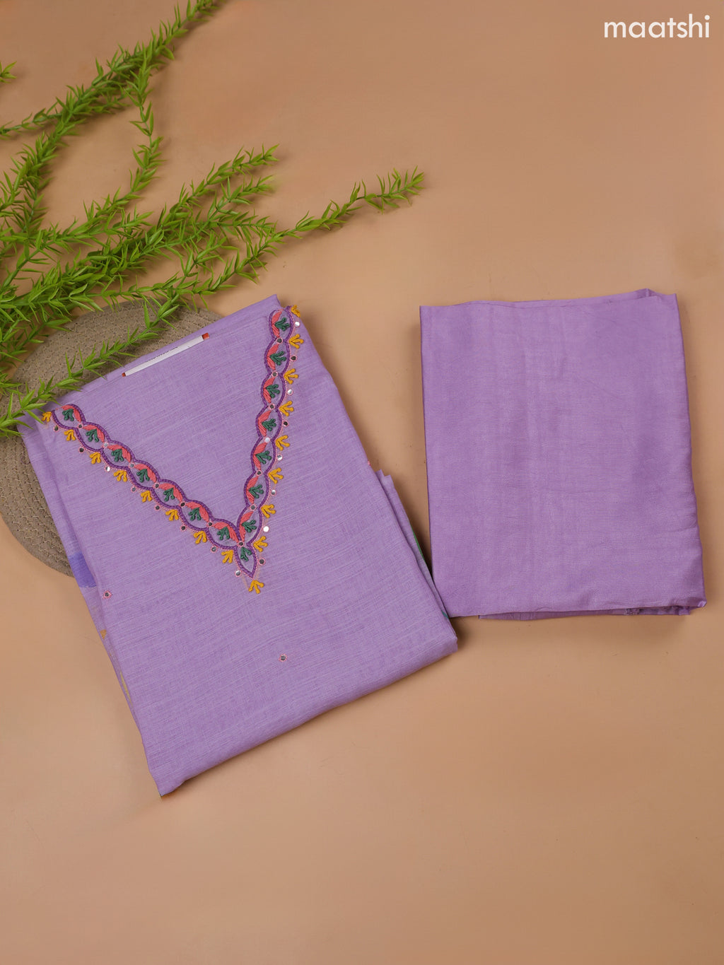 Lavender Linen Cotton Dress Material With Floral Prints & Embroidery Work Neck Pattern and Bottom & Dupatta