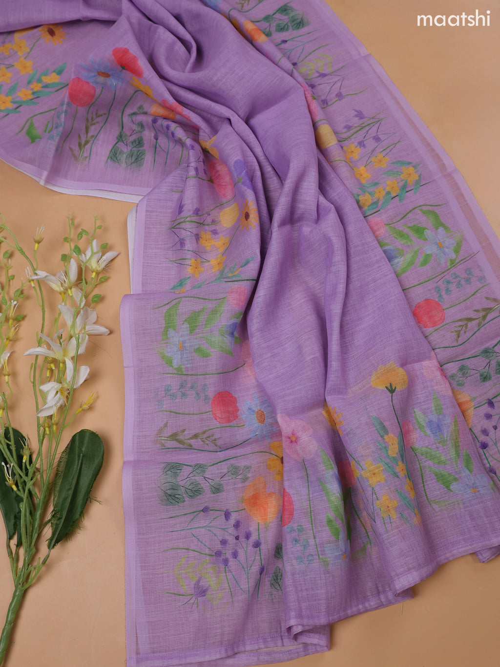 Lavender Linen Cotton Dress Material With Floral Prints & Embroidery Work Neck Pattern and Bottom & Dupatta