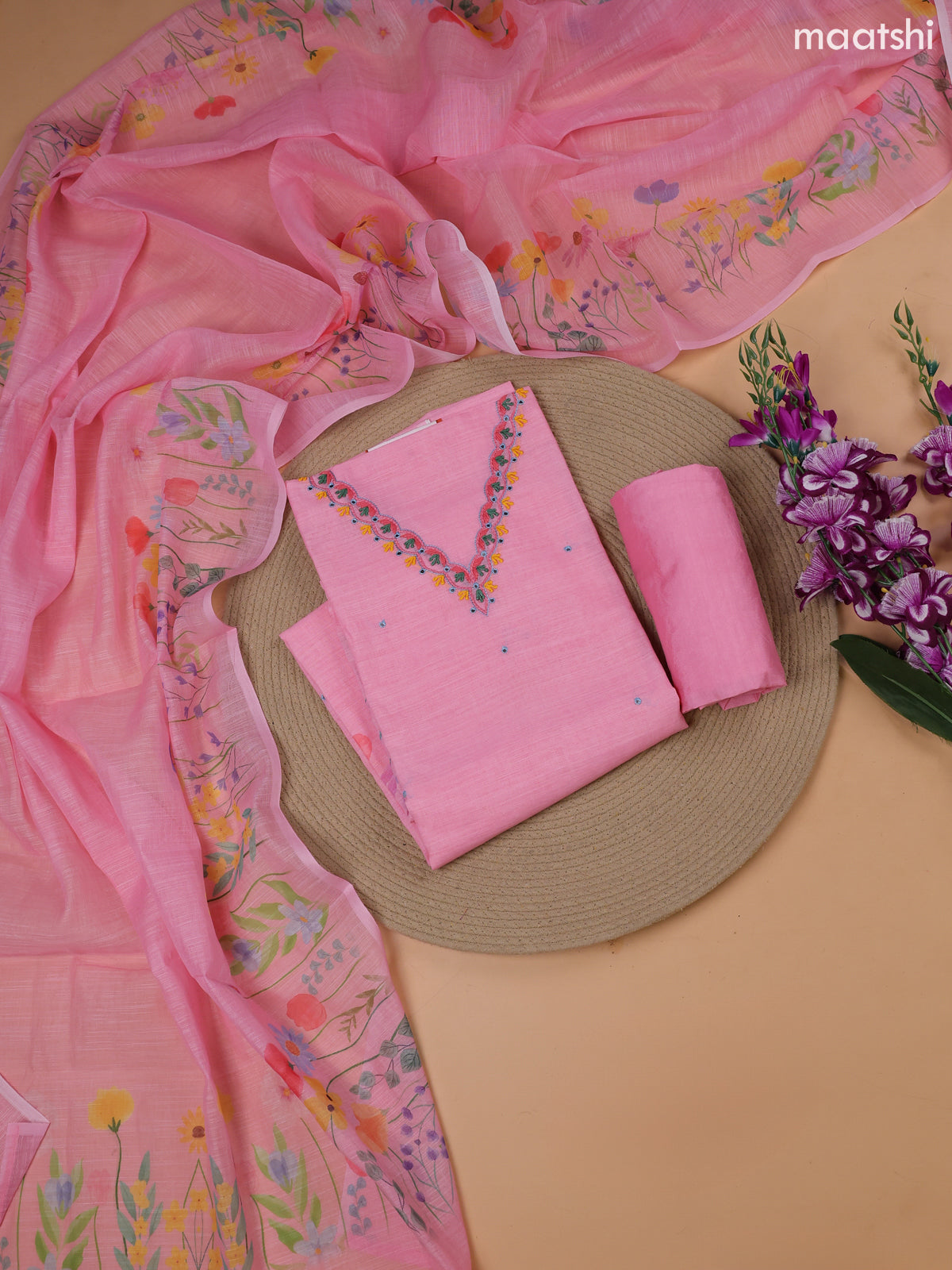 Pink Linen Cotton Dress Material With Floral Prints & Embroidery Work Neck Pattern and Bottom & Dupatta