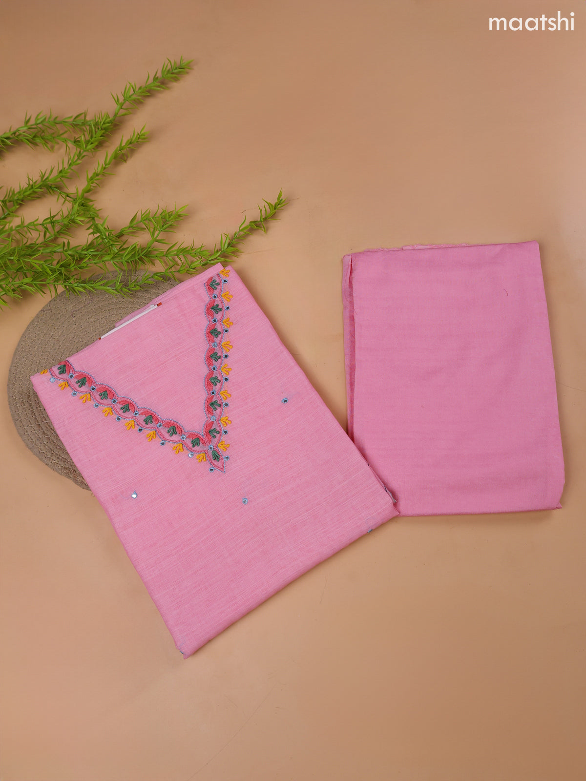 Pink Linen Cotton Dress Material With Floral Prints & Embroidery Work Neck Pattern and Bottom & Dupatta
