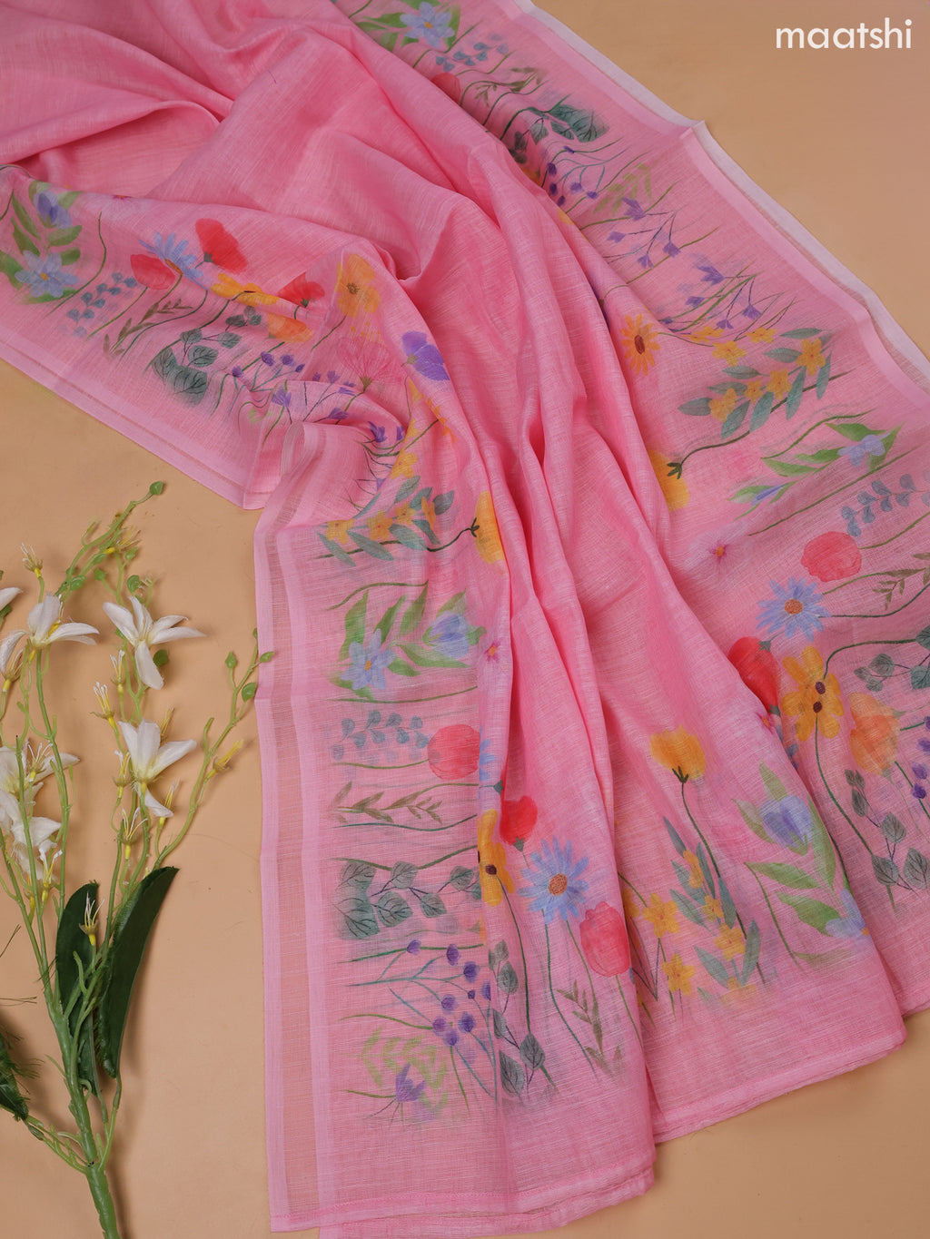 Pink Linen Cotton Dress Material With Floral Prints & Embroidery Work Neck Pattern and Bottom & Dupatta