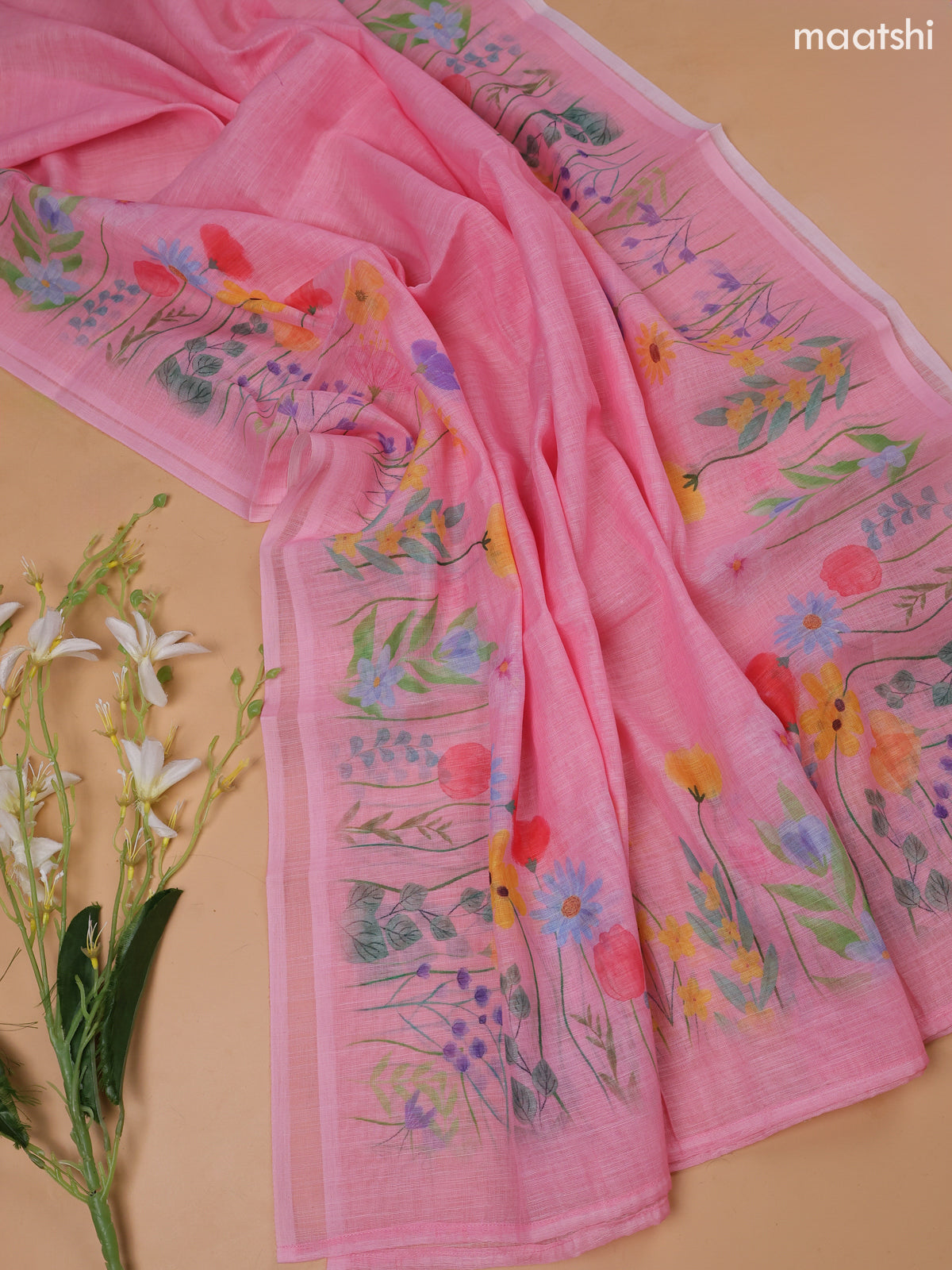 Pink Linen Cotton Dress Material With Floral Prints & Embroidery Work Neck Pattern and Bottom & Dupatta