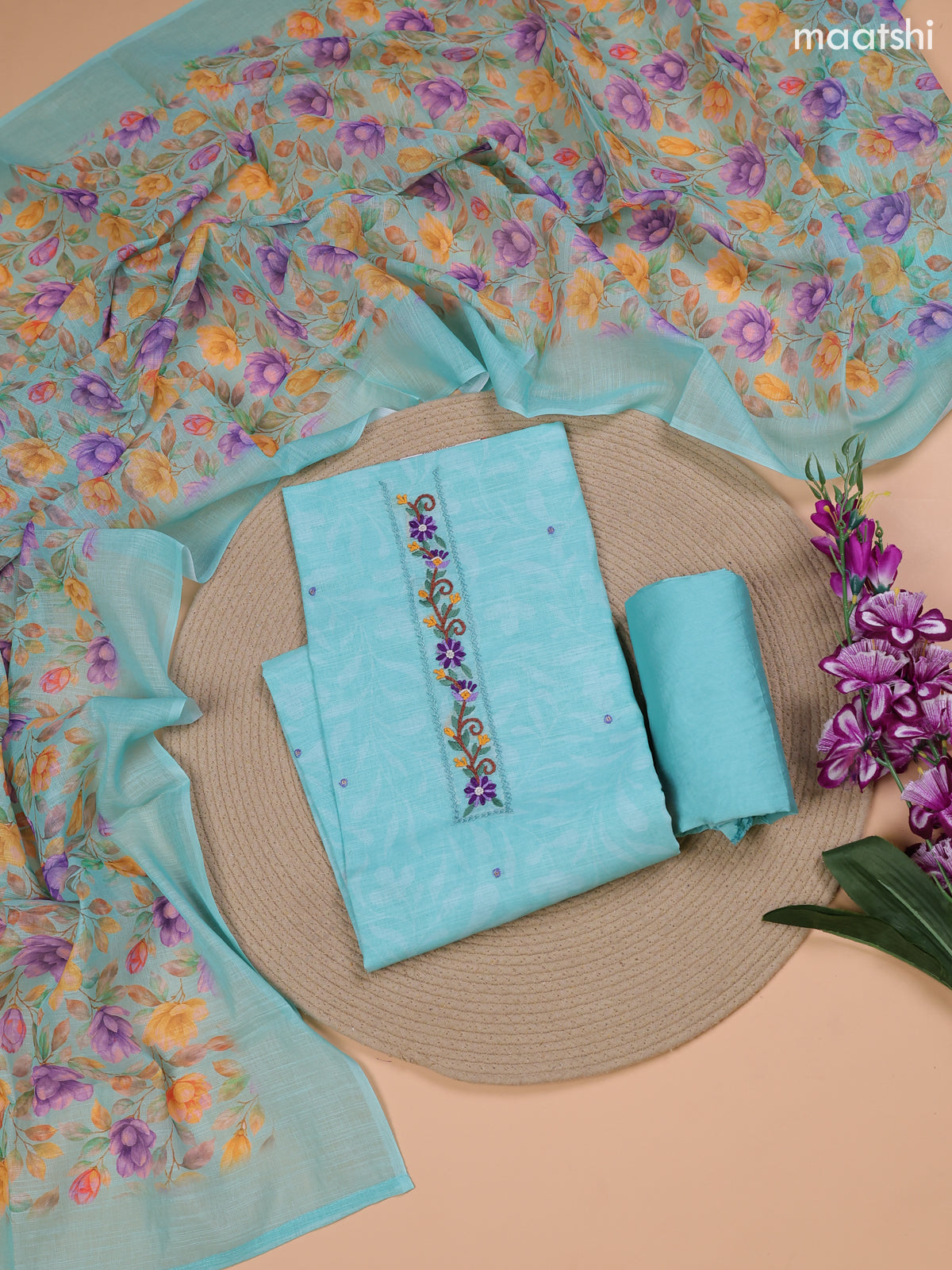 Teal Blue Linen Cotton Dress Material With Floral Prints & Embroidery Work Neck Pattern and Bottom & Dupatta