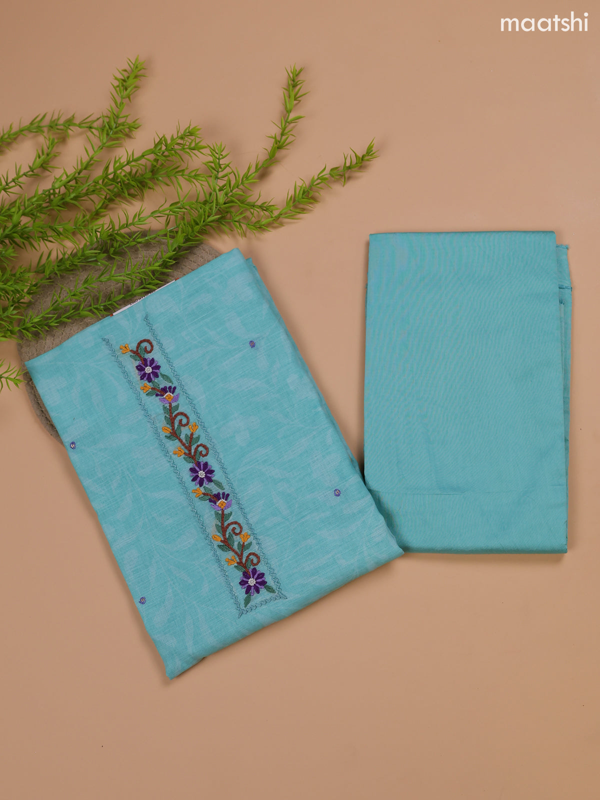 Teal Blue Linen Cotton Dress Material With Floral Prints & Embroidery Work Neck Pattern and Bottom & Dupatta