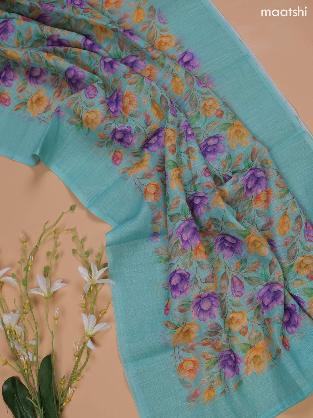 Teal Blue Linen Cotton Dress Material With Floral Prints & Embroidery Work Neck Pattern and Bottom & Dupatta