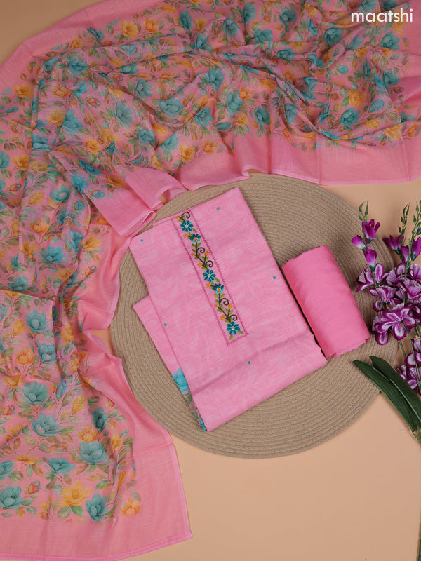 Pink Linen Cotton Dress Material With Floral Prints & Embroidery Work Neck Pattern and Bottom & Dupatta