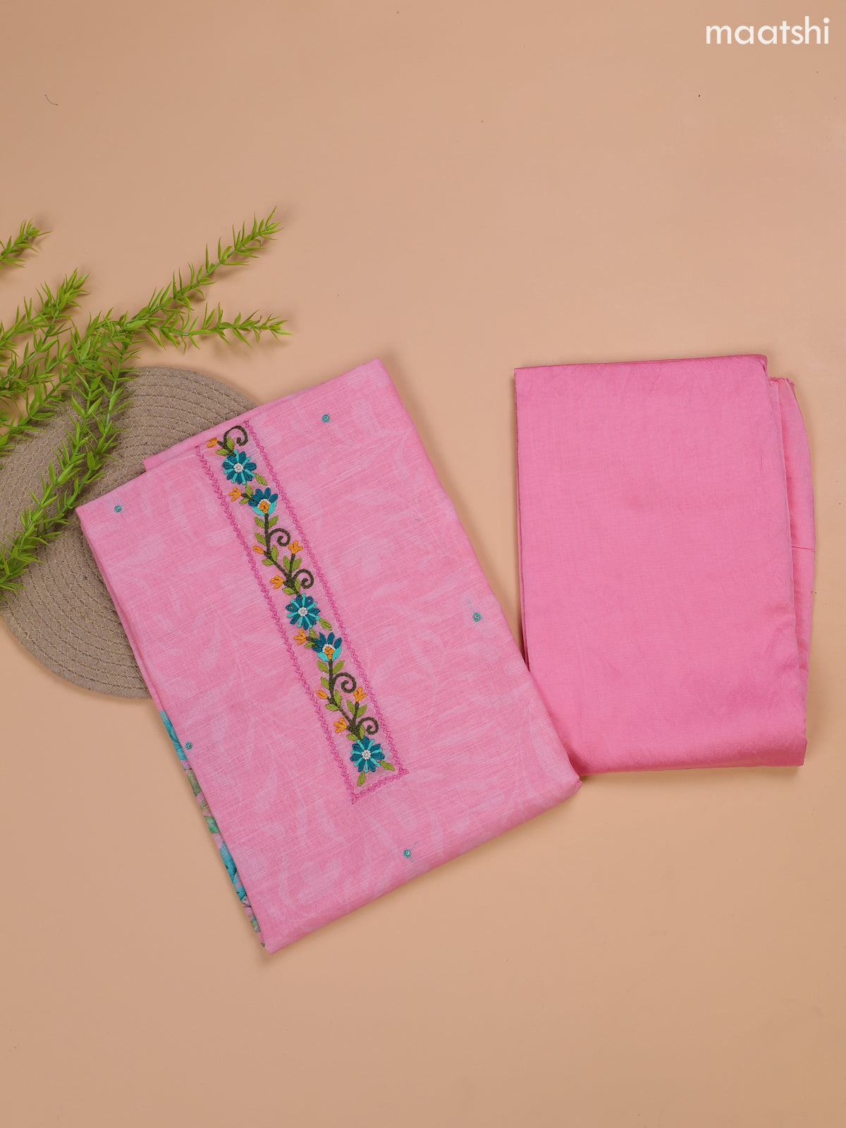 Pink Linen Cotton Dress Material With Floral Prints & Embroidery Work Neck Pattern and Bottom & Dupatta