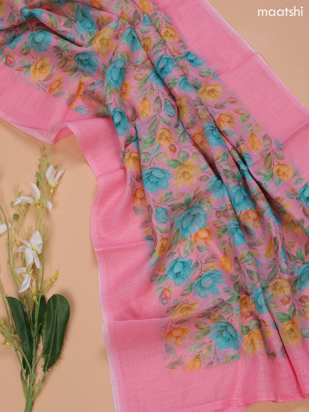 Pink Linen Cotton Dress Material With Floral Prints & Embroidery Work Neck Pattern and Bottom & Dupatta