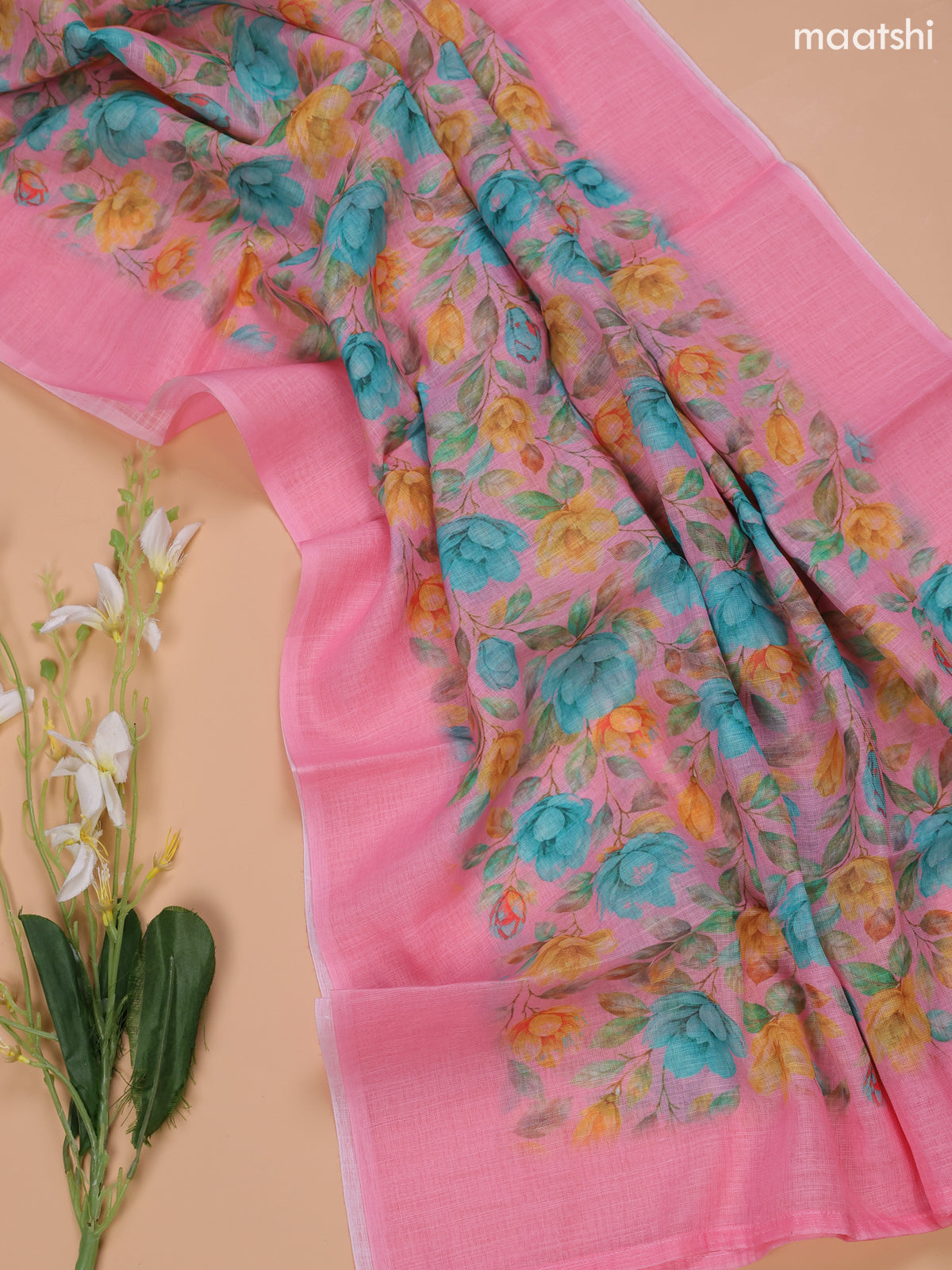 Pink Linen Cotton Dress Material With Floral Prints & Embroidery Work Neck Pattern and Bottom & Dupatta