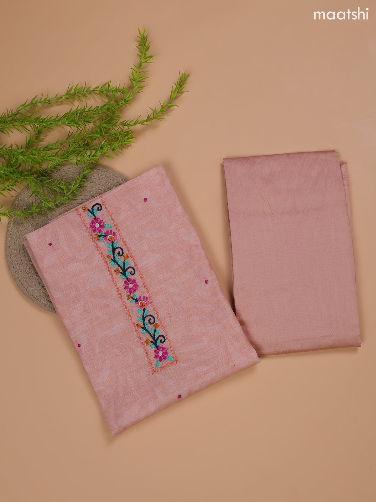 Peach Linen Cotton Dress Material With Floral Prints & Embroidery Work Neck Pattern and Bottom & Dupatta