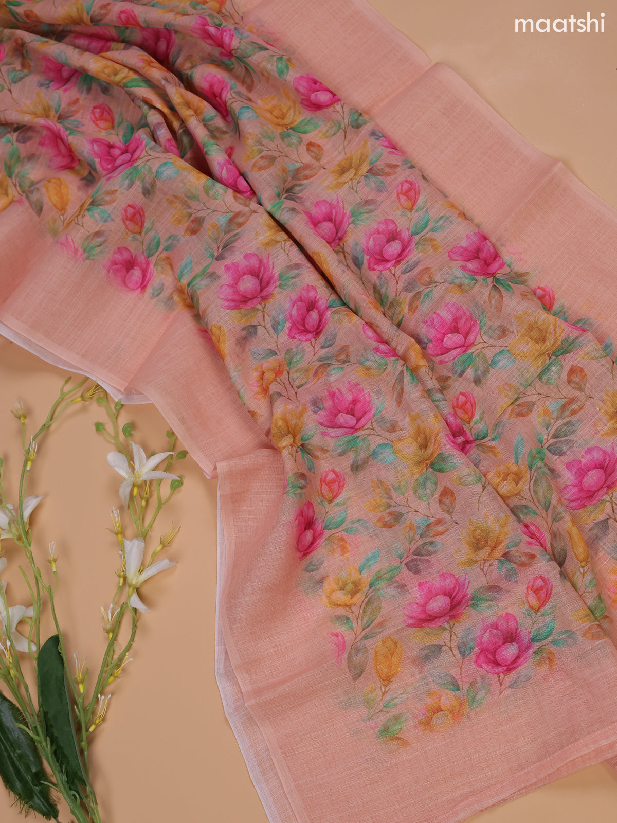 Peach Linen Cotton Dress Material With Floral Prints & Embroidery Work Neck Pattern and Bottom & Dupatta