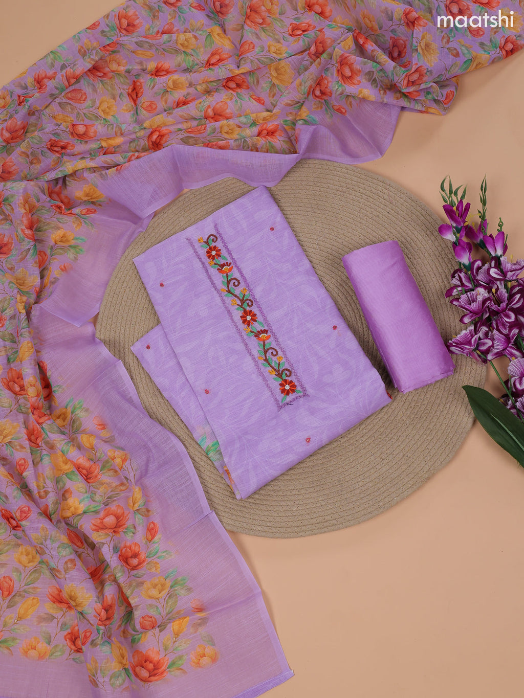 Lavender Linen Cotton Dress Material With Floral Prints & Embroidery Work Neck Pattern and Bottom & Dupatta