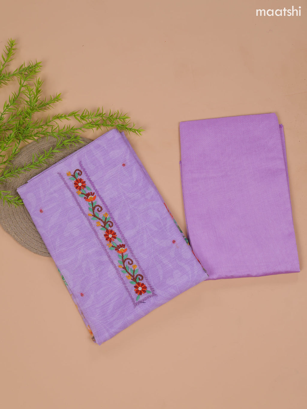 Lavender Linen Cotton Dress Material With Floral Prints & Embroidery Work Neck Pattern and Bottom & Dupatta