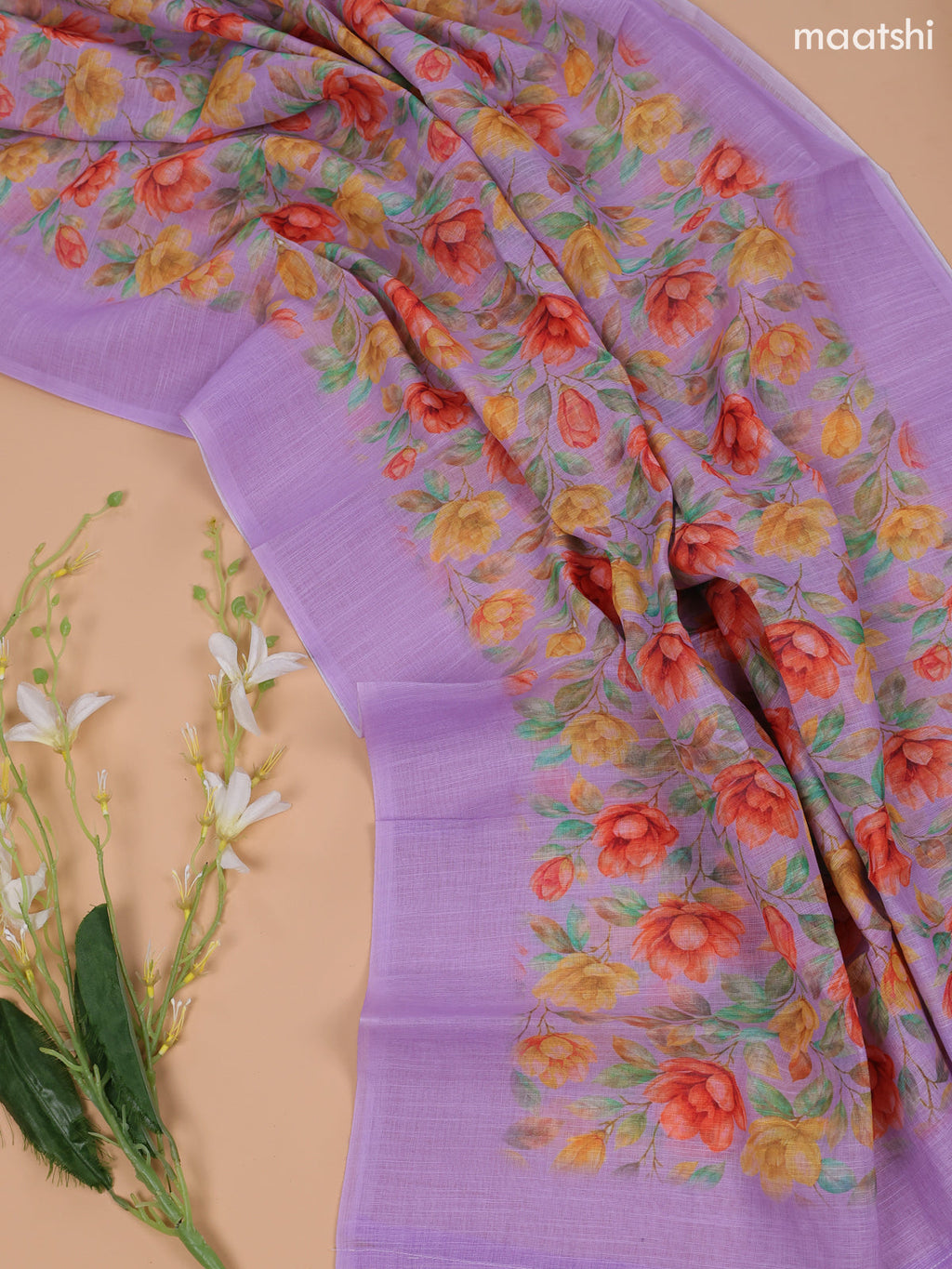 Lavender Linen Cotton Dress Material With Floral Prints & Embroidery Work Neck Pattern and Bottom & Dupatta