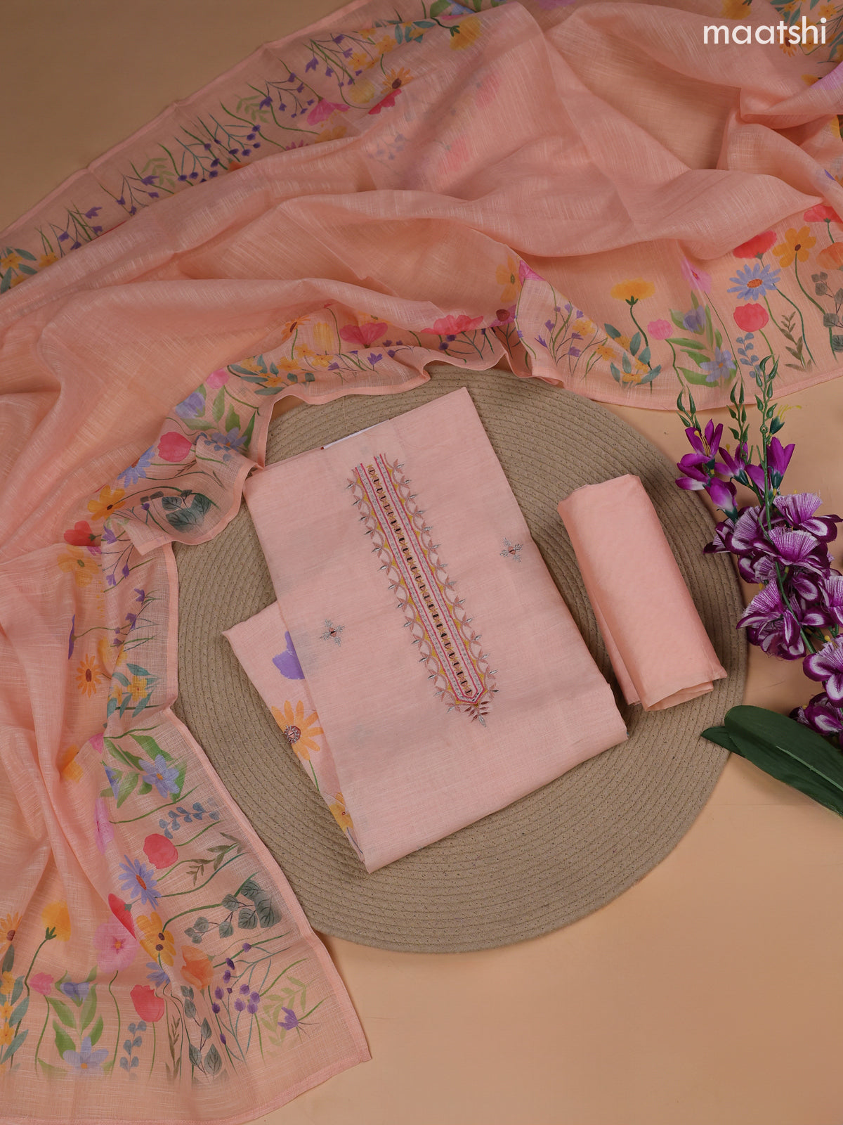 Peach Linen Cotton Dress Material With Floral Prints & Embroidery Work Neck Pattern and Bottom & Dupatta
