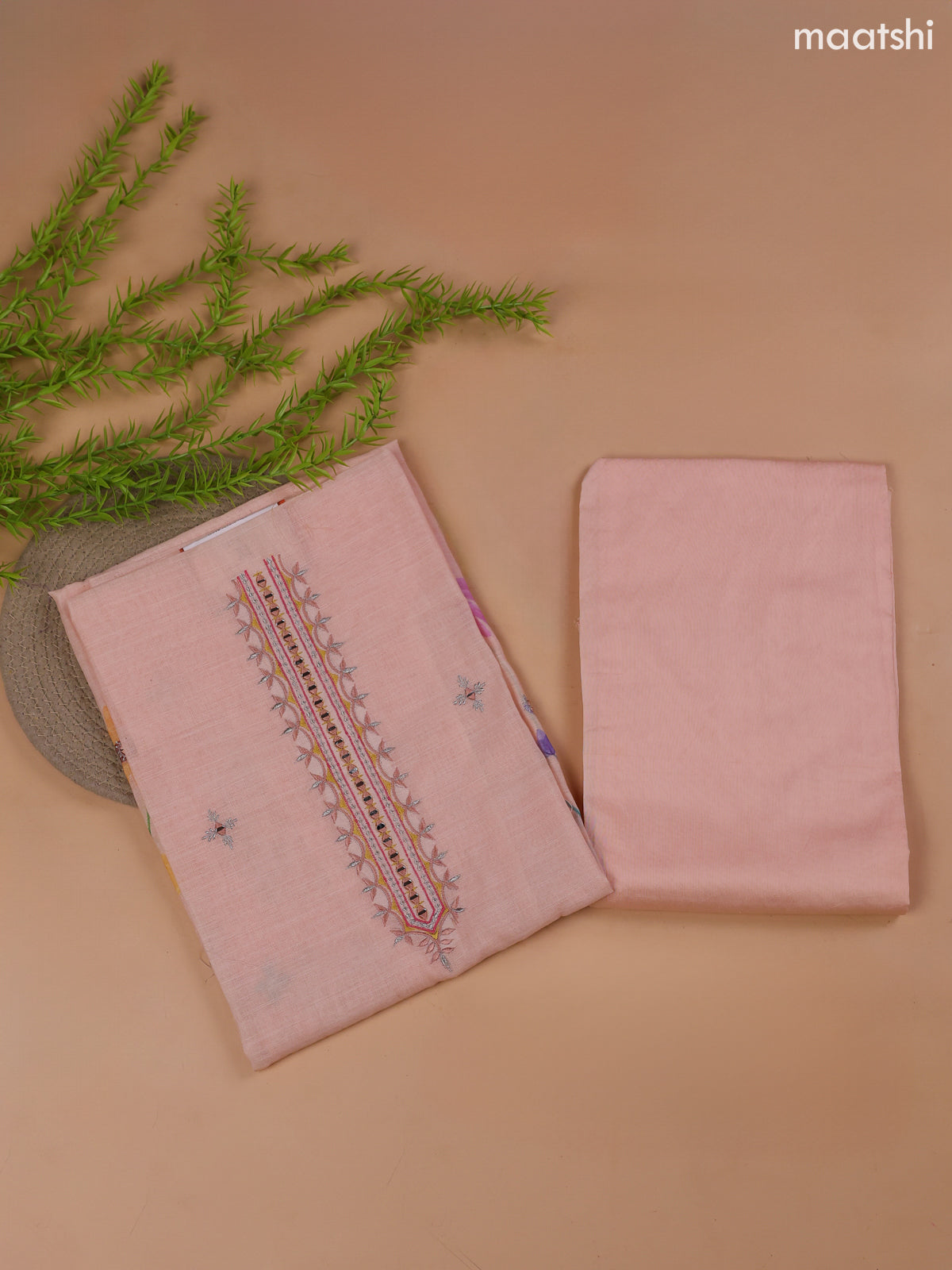 Peach Linen Cotton Dress Material With Floral Prints & Embroidery Work Neck Pattern and Bottom & Dupatta