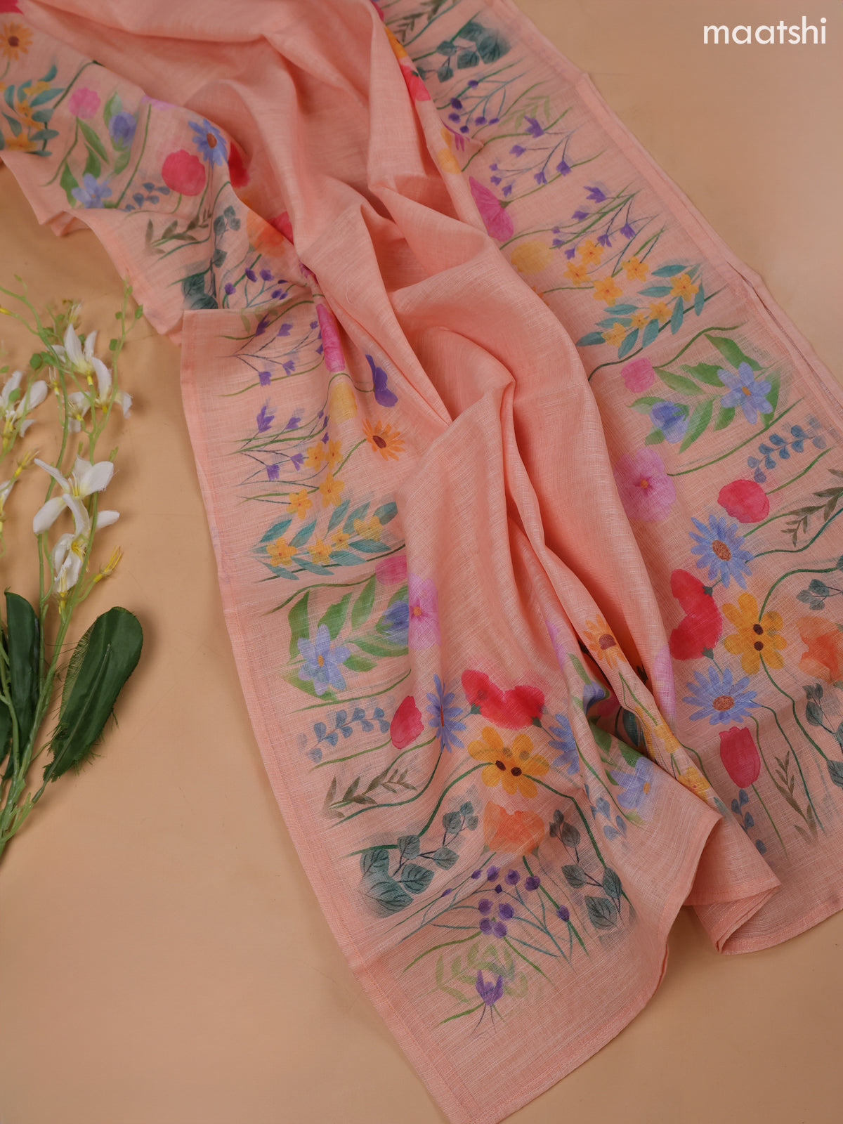 Peach Linen Cotton Dress Material With Floral Prints & Embroidery Work Neck Pattern and Bottom & Dupatta