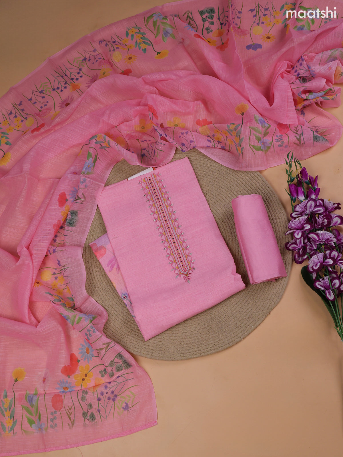 Pink Linen Cotton Dress Material With Floral Prints & Embroidery Work Neck Pattern and Bottom & Dupatta