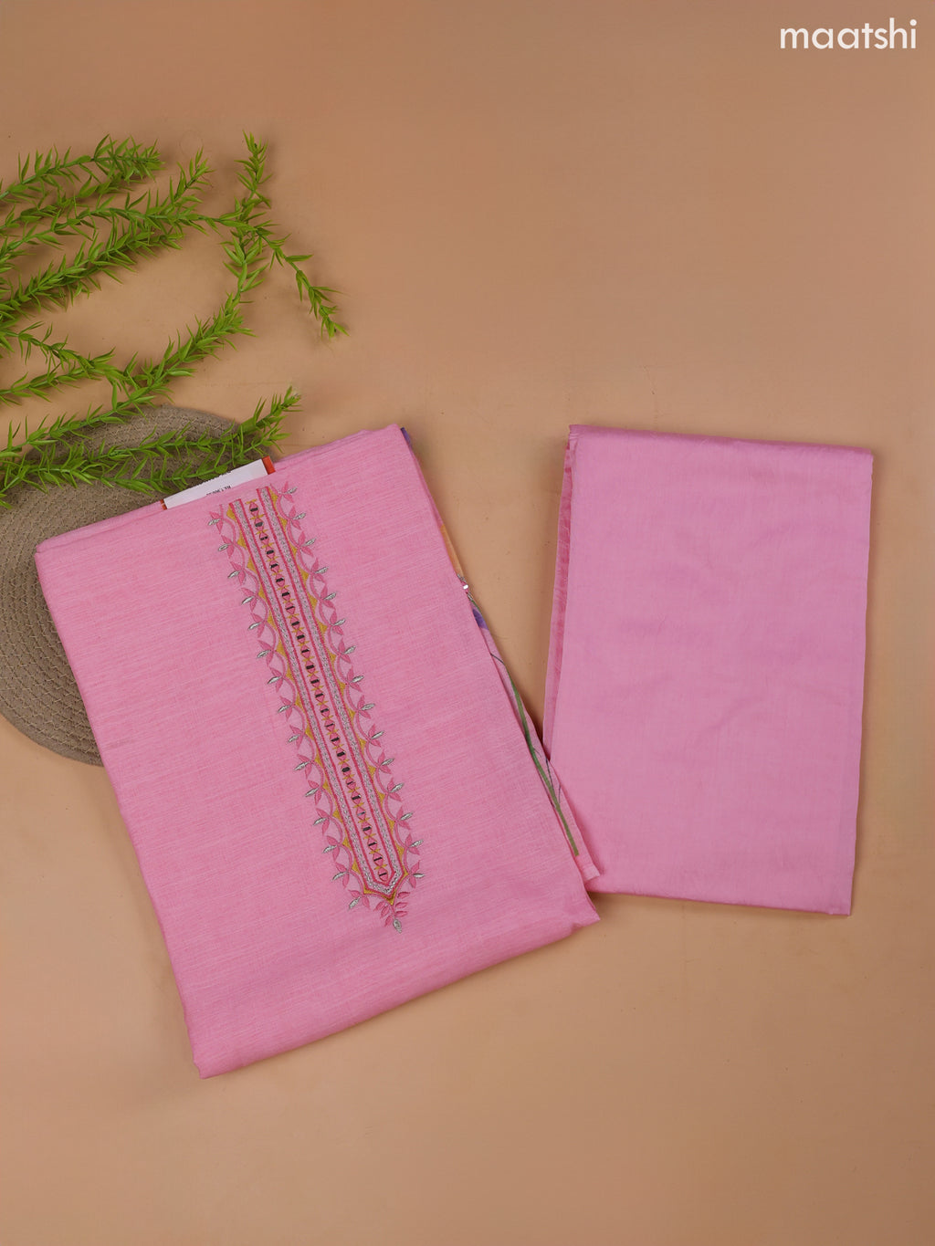 Pink Linen Cotton Dress Material With Floral Prints & Embroidery Work Neck Pattern and Bottom & Dupatta