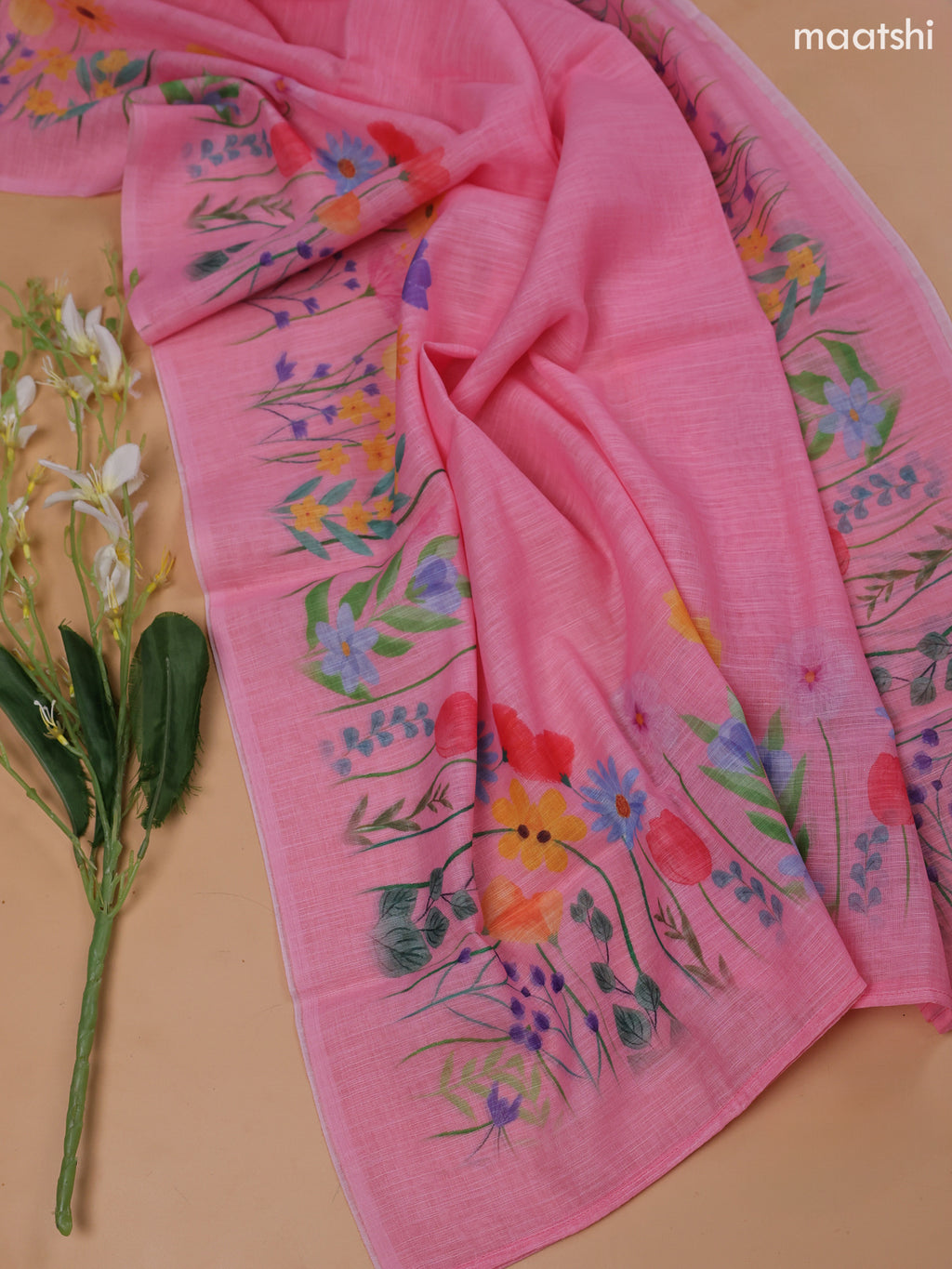 Pink Linen Cotton Dress Material With Floral Prints & Embroidery Work Neck Pattern and Bottom & Dupatta