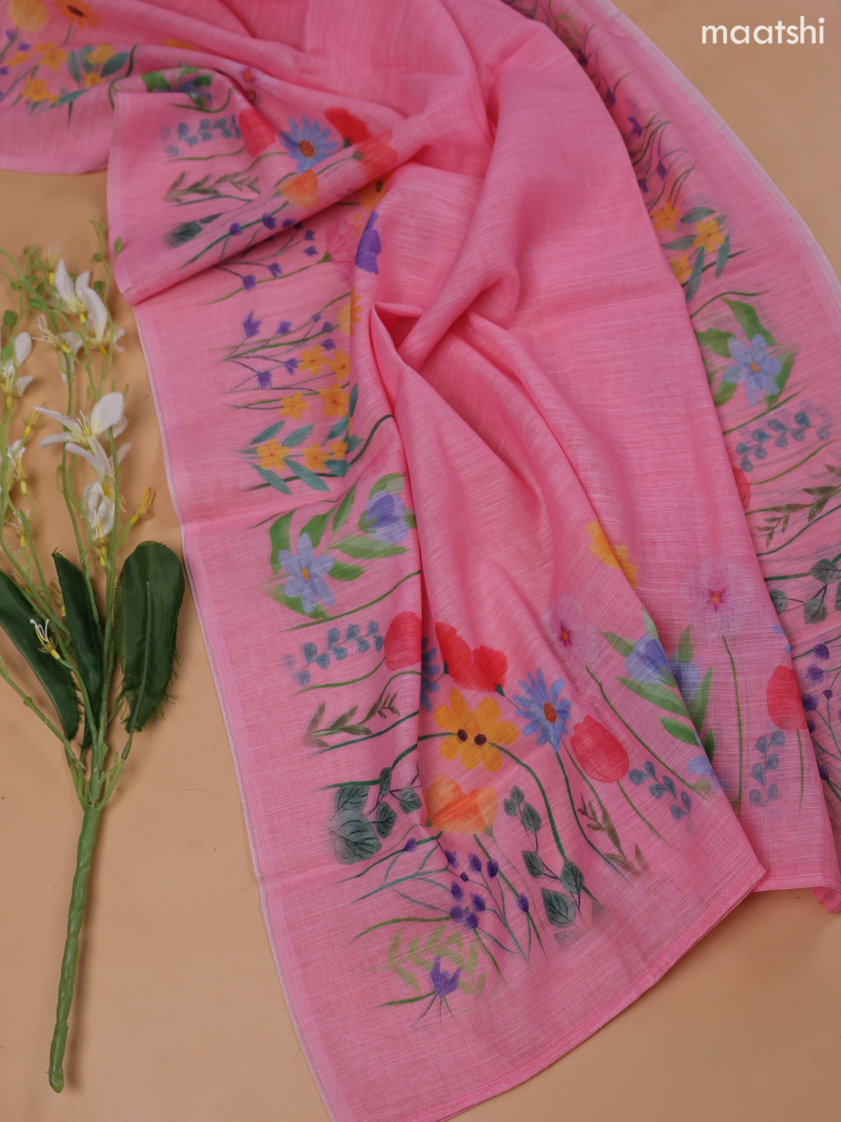 Pink Linen Cotton Dress Material With Floral Prints & Embroidery Work Neck Pattern and Bottom & Dupatta