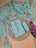 Teal Blue Linen Cotton Dress Material With Floral Prints & Embroidery Work Neck Pattern and Bottom & Dupatta