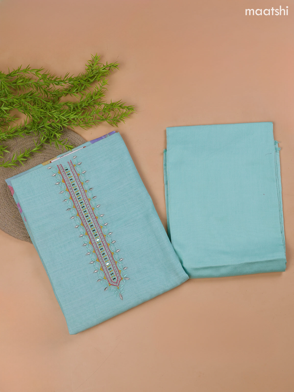 Teal Blue Linen Cotton Dress Material With Floral Prints & Embroidery Work Neck Pattern and Bottom & Dupatta