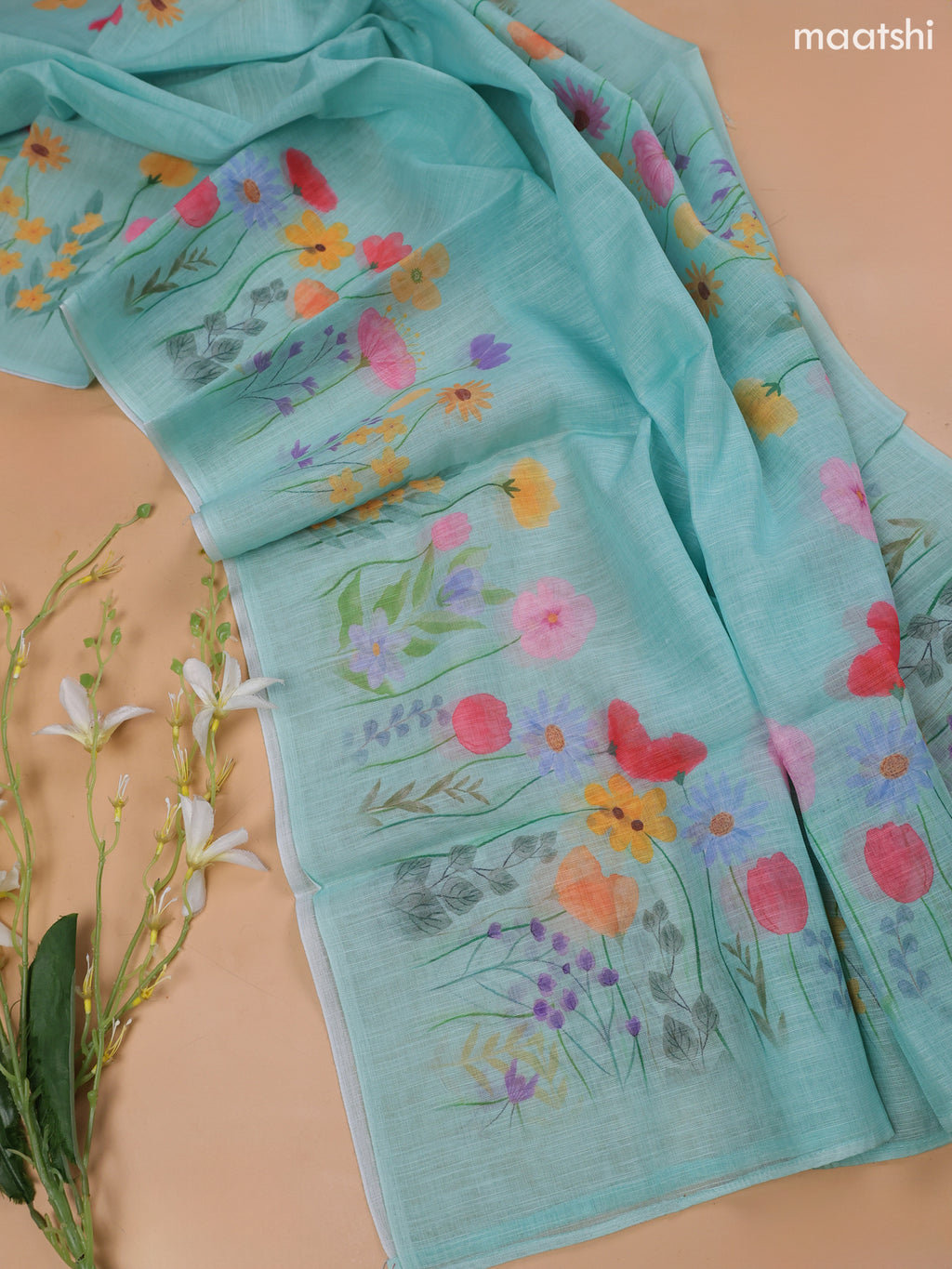 Teal Blue Linen Cotton Dress Material With Floral Prints & Embroidery Work Neck Pattern and Bottom & Dupatta