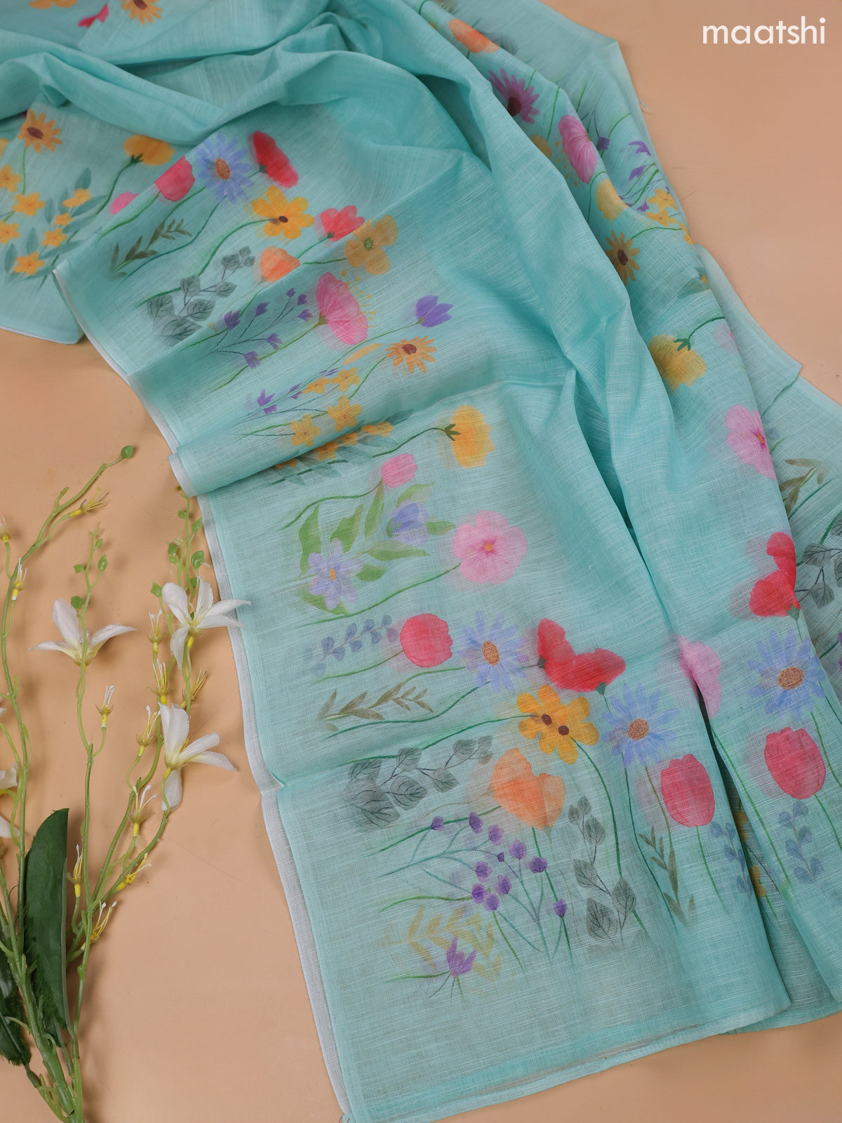 Teal Blue Linen Cotton Dress Material With Floral Prints & Embroidery Work Neck Pattern and Bottom & Dupatta