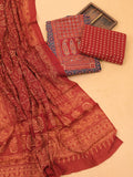 Navy Blue and Maroon Cotton Dress Material With Ajrakh Prints & Patch Work Neck Pattern and Bottom & Dupatta