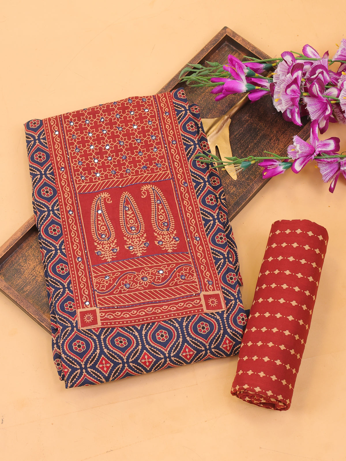 Navy Blue and Maroon Cotton Dress Material With Ajrakh Prints & Patch Work Neck Pattern and Bottom & Dupatta