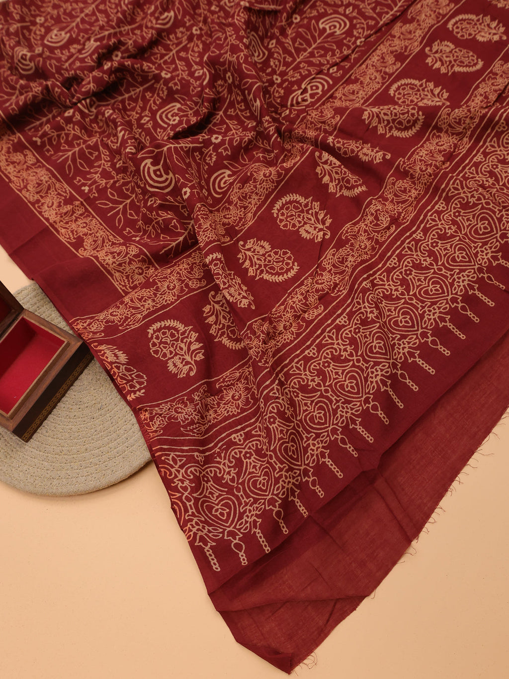 Navy Blue and Maroon Cotton Dress Material With Ajrakh Prints & Patch Work Neck Pattern and Bottom & Dupatta