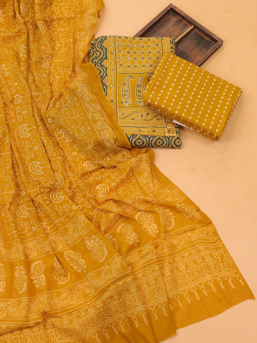 Green and Yellow Cotton Dress Material With Ajrakh Prints & Patch Work Neck Pattern and Bottom & Dupatta
