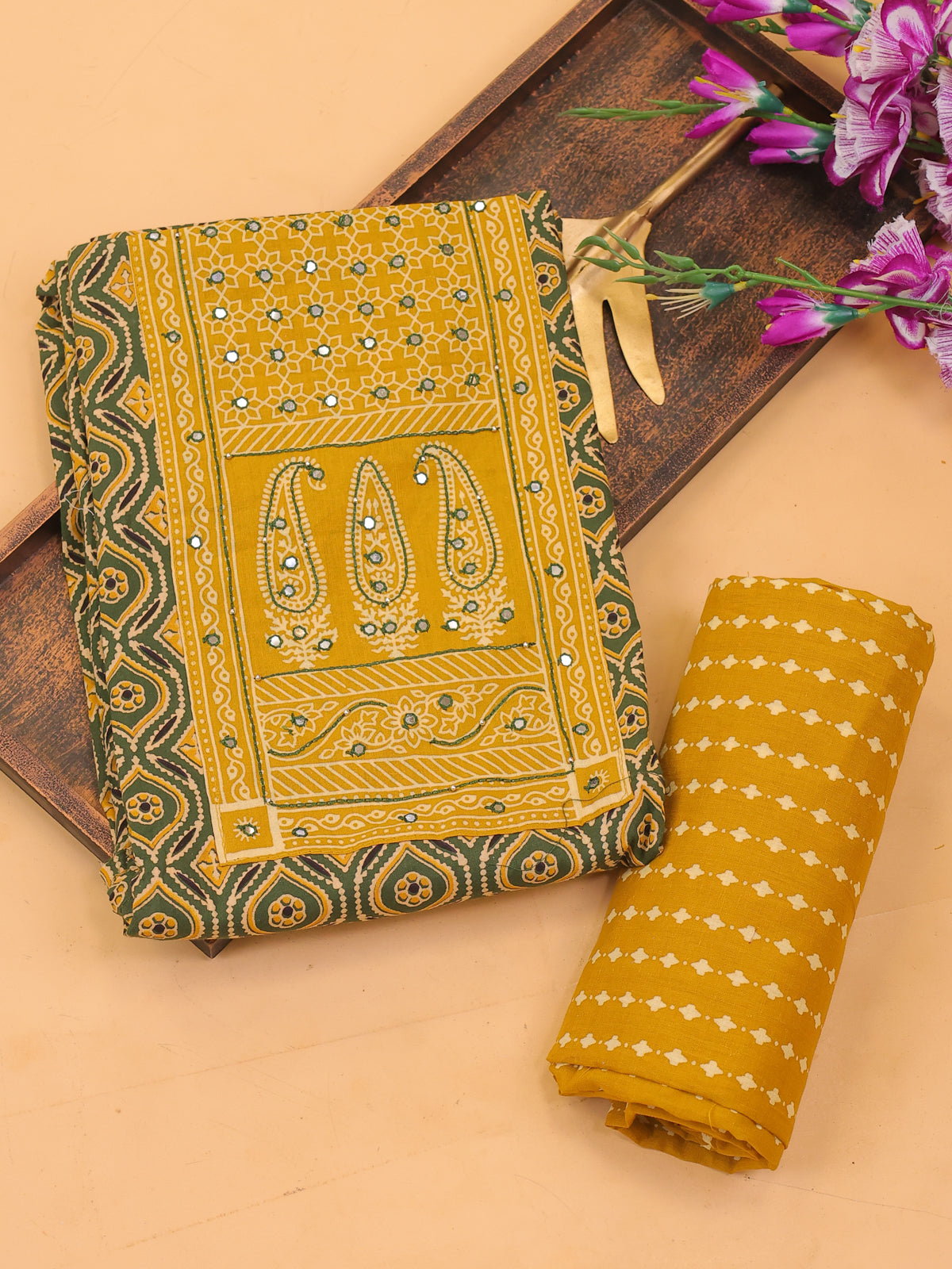 Green and Yellow Cotton Dress Material With Ajrakh Prints & Patch Work Neck Pattern and Bottom & Dupatta