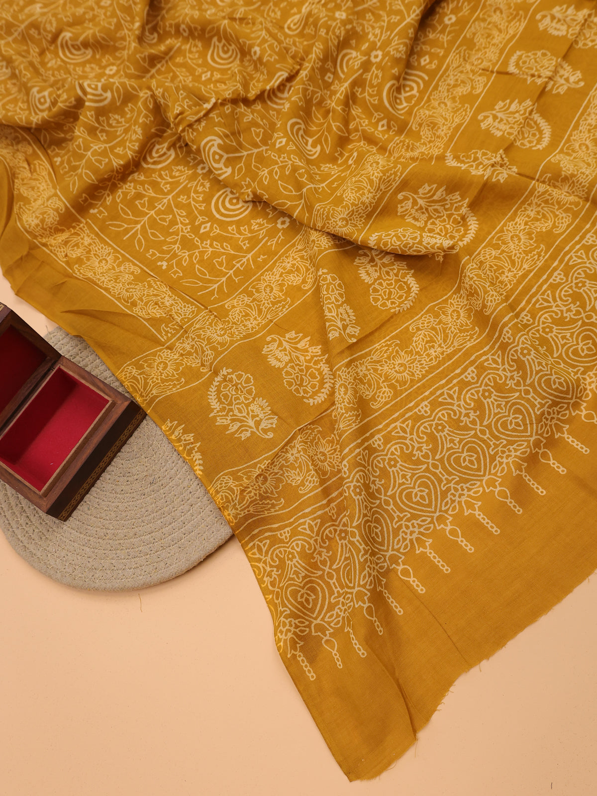 Green and Yellow Cotton Dress Material With Ajrakh Prints & Patch Work Neck Pattern and Bottom & Dupatta