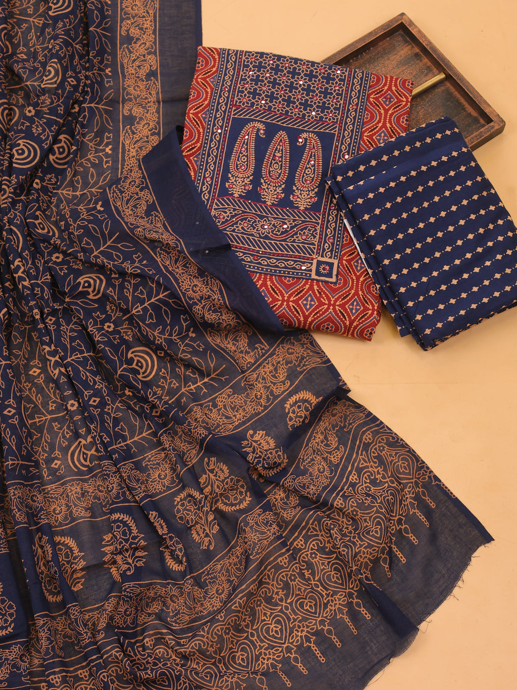 Maroon and Blue Cotton Dress Material With Ajrakh Prints & Patch Work Neck Pattern and Bottom & Dupatta