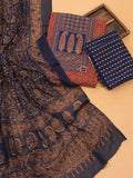 Maroon and Blue Cotton Dress Material With Ajrakh Prints & Patch Work Neck Pattern and Bottom & Dupatta