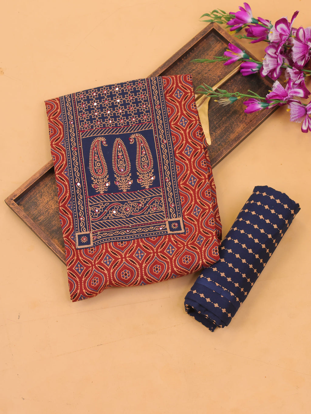 Maroon and Blue Cotton Dress Material With Ajrakh Prints & Patch Work Neck Pattern and Bottom & Dupatta