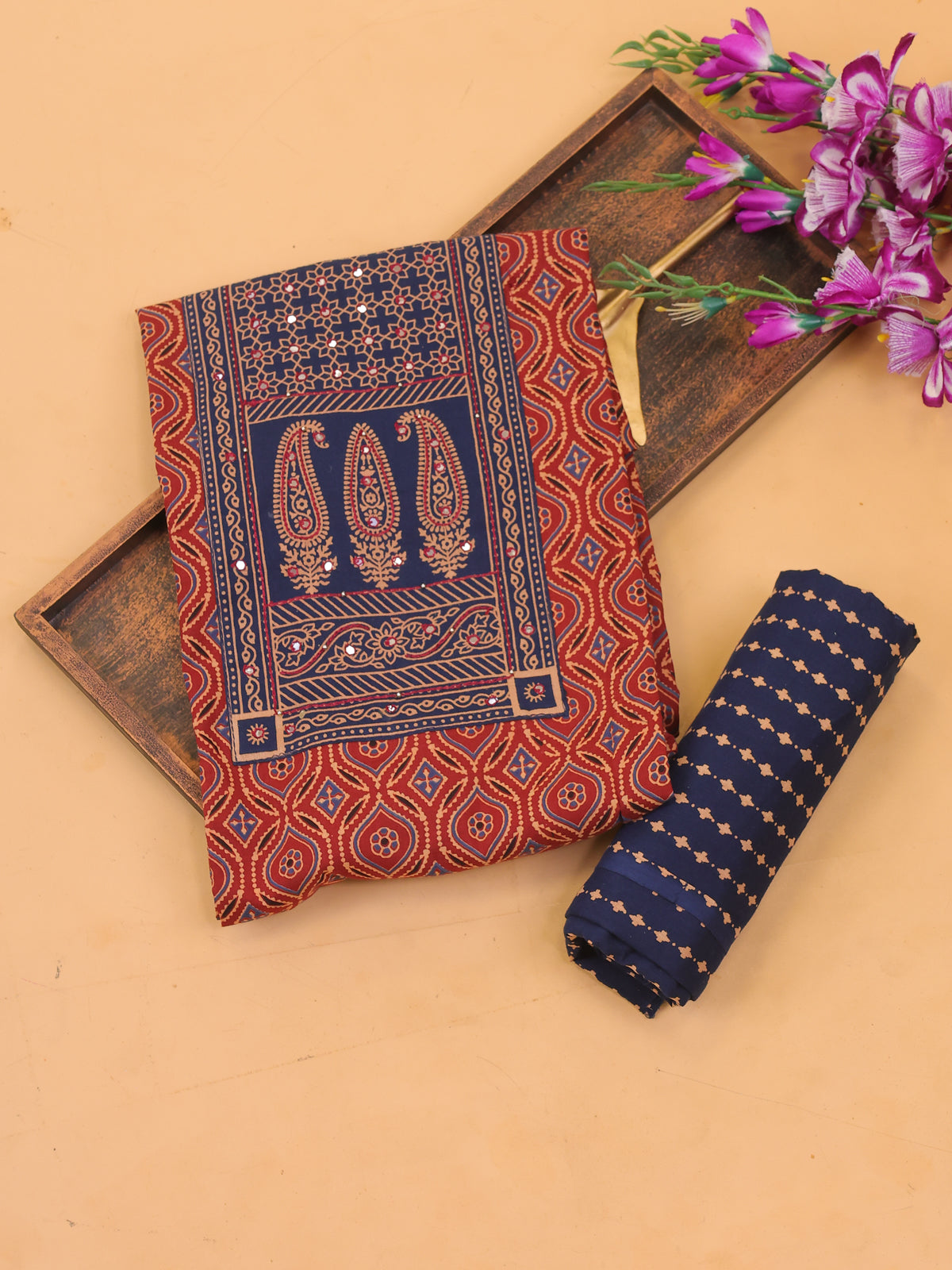 Maroon and Blue Cotton Dress Material With Ajrakh Prints & Patch Work Neck Pattern and Bottom & Dupatta