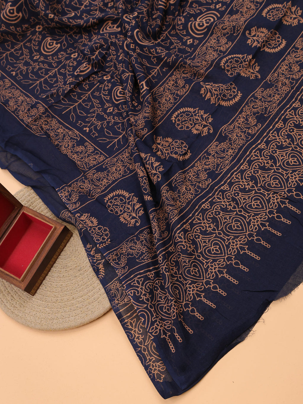 Maroon and Blue Cotton Dress Material With Ajrakh Prints & Patch Work Neck Pattern and Bottom & Dupatta