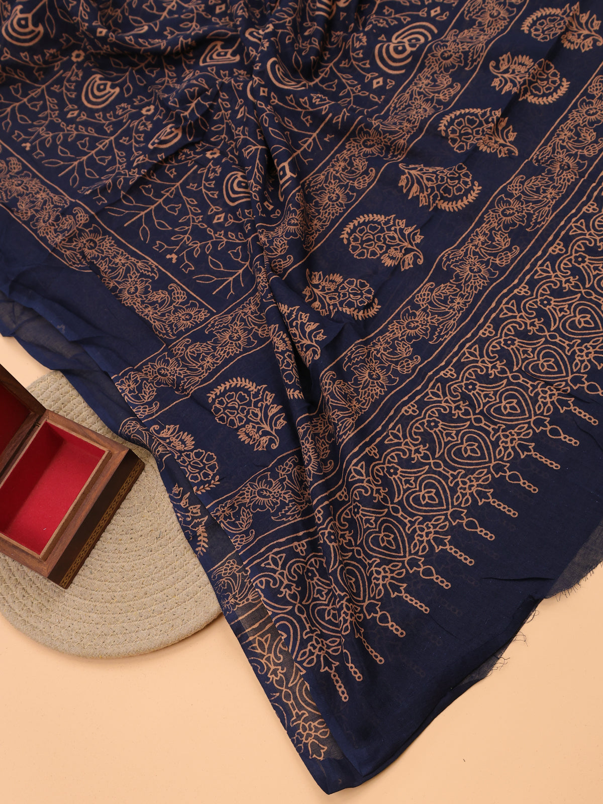 Maroon and Blue Cotton Dress Material With Ajrakh Prints & Patch Work Neck Pattern and Bottom & Dupatta