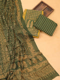 Yellow and Green Cotton Dress Material With Ajrakh Prints & Patch Work Neck Pattern and Bottom & Dupatta