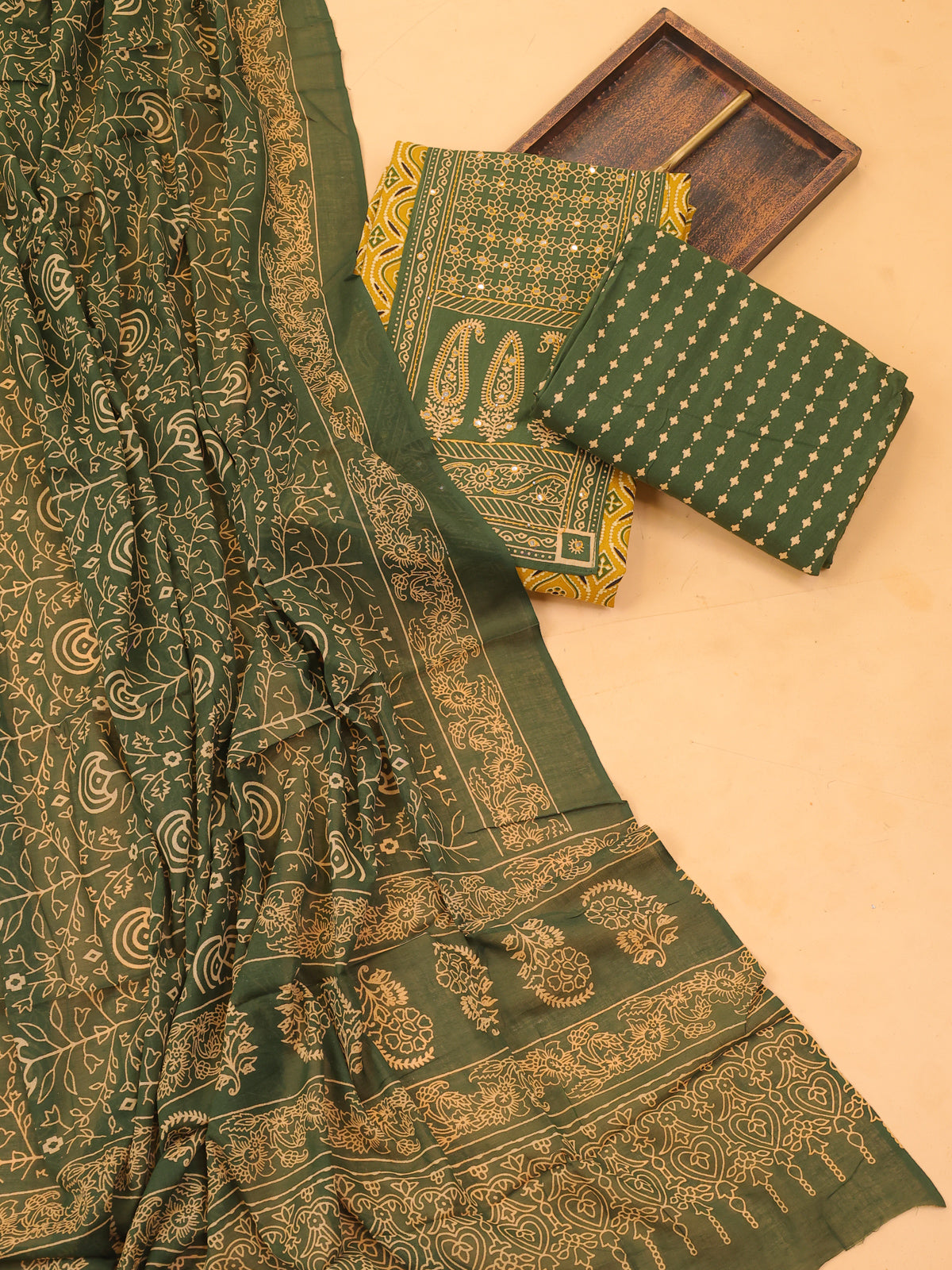 Yellow and Green Cotton Dress Material With Ajrakh Prints & Patch Work Neck Pattern and Bottom & Dupatta