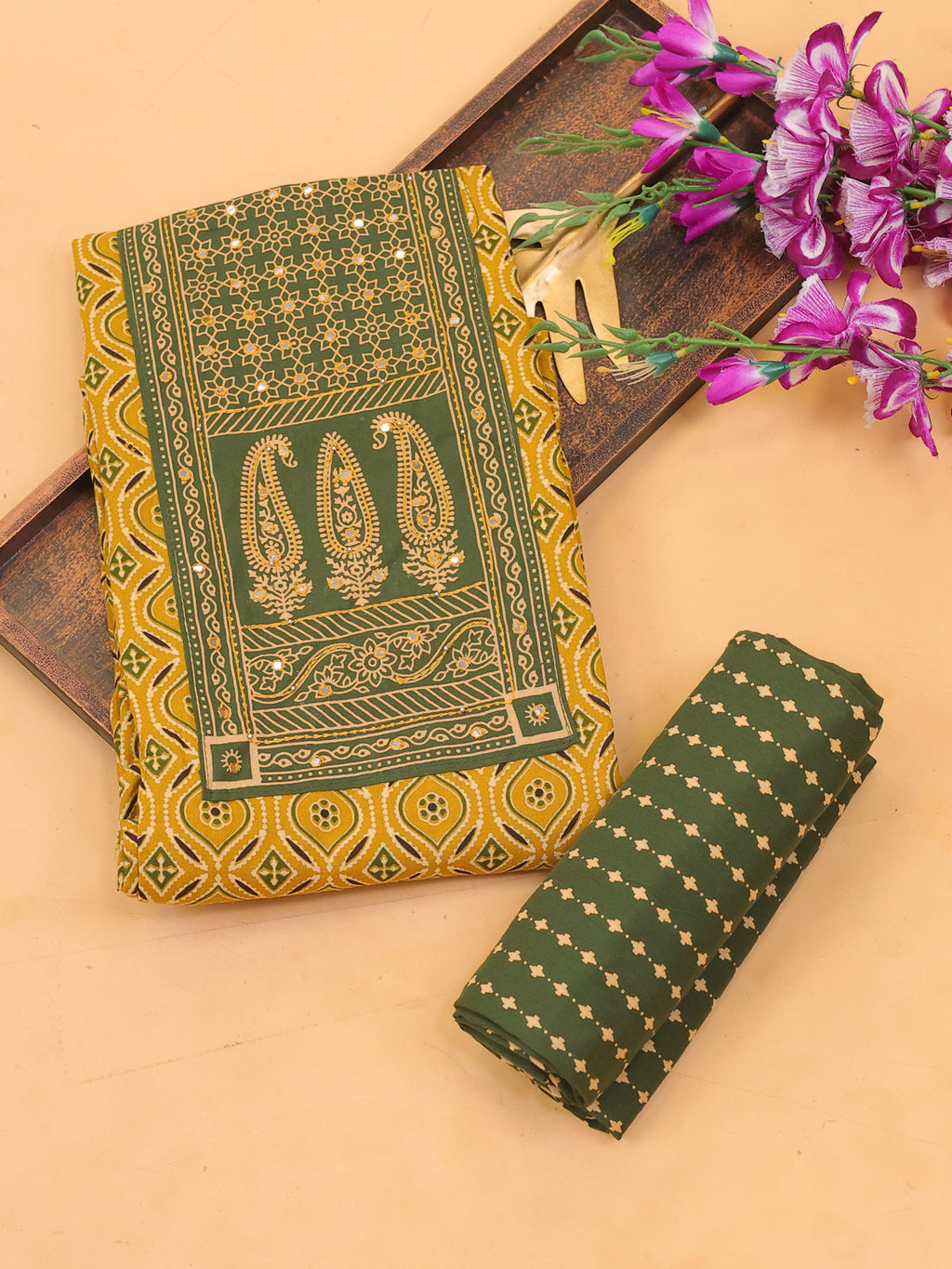 Yellow and Green Cotton Dress Material With Ajrakh Prints & Patch Work Neck Pattern and Bottom & Dupatta