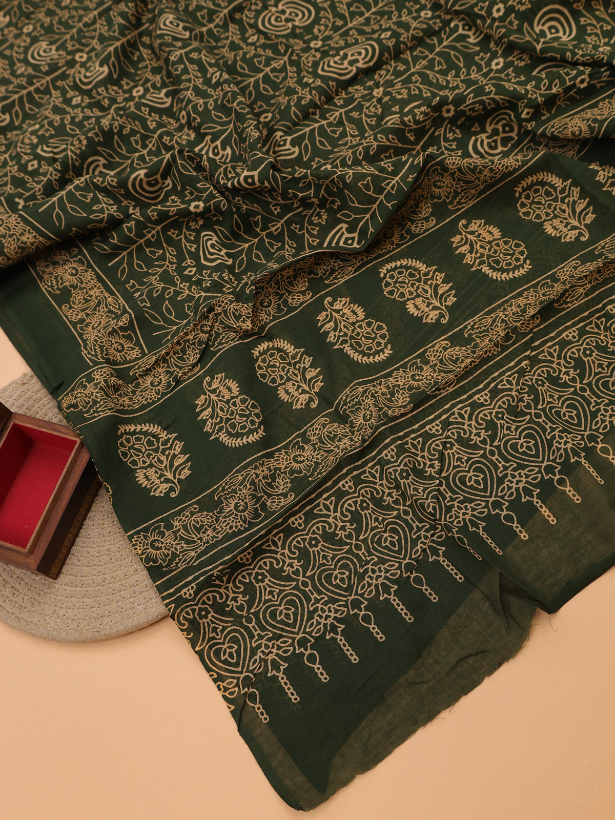 Yellow and Green Cotton Dress Material With Ajrakh Prints & Patch Work Neck Pattern and Bottom & Dupatta
