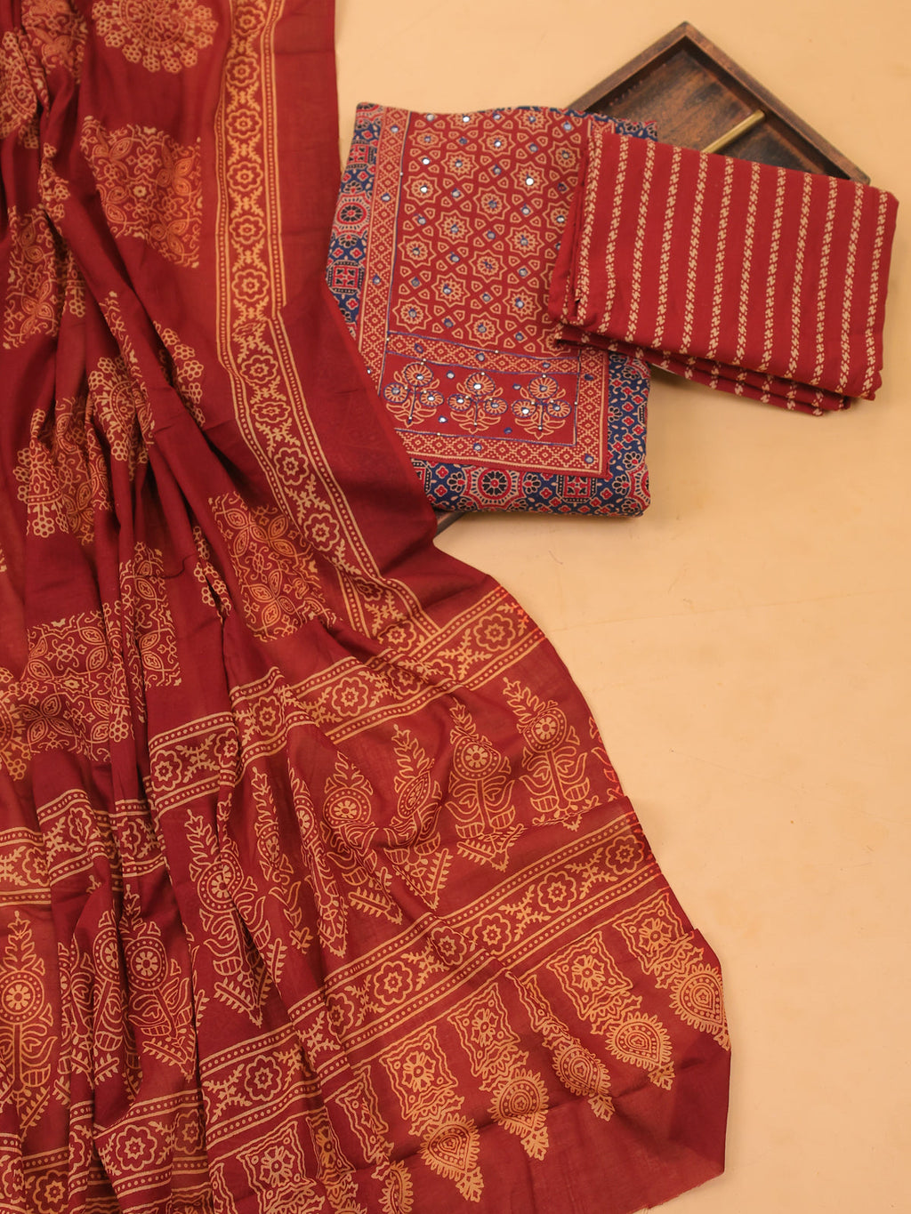 Navy Blue and Maroon Cotton Dress Material With Ajrakh Prints & Patch Work Neck Pattern and Bottom & Dupatta